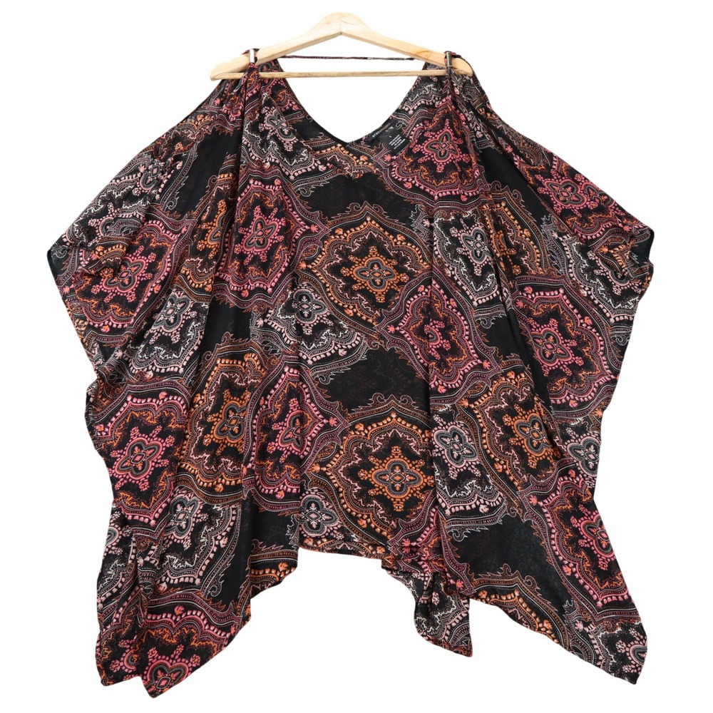 BCBG Maxazria Women's Sm Paisley Sheer Cold Shoulder Poncho Blouse Orange Pink